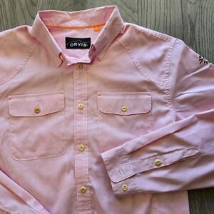 Orvis Micro Check Roll Tab Sleeve Shirt Red/White Mens Medium Roaring Fork Club